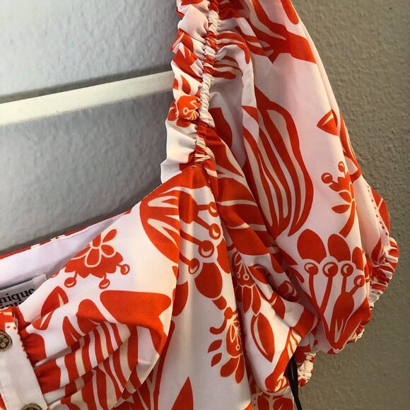 Unique Vintage White Orange Parrot Empire Waist Puff Sleeve Midi Dress - NWT - Picture 9 of 11